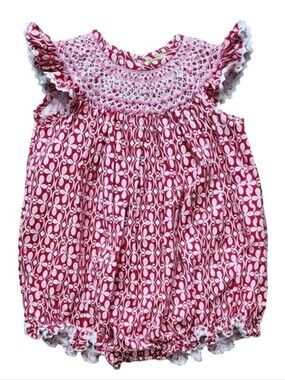 Stellybelly Baby Girl Hand Smocked Bubble Romper 18M Red Pink Floral Cotton